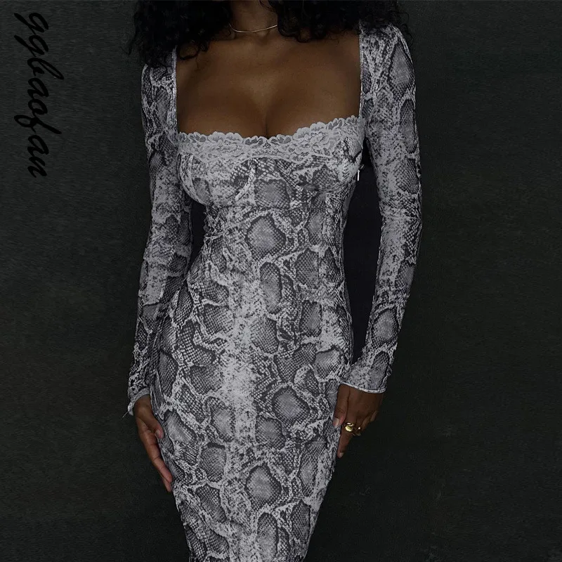 

Ggbaofan 2023 Fashion Snake Print Lace Splice Midi Dress Elegant Outfits for Women Club Party Long Sleeve Autumn Bodycon Dresses