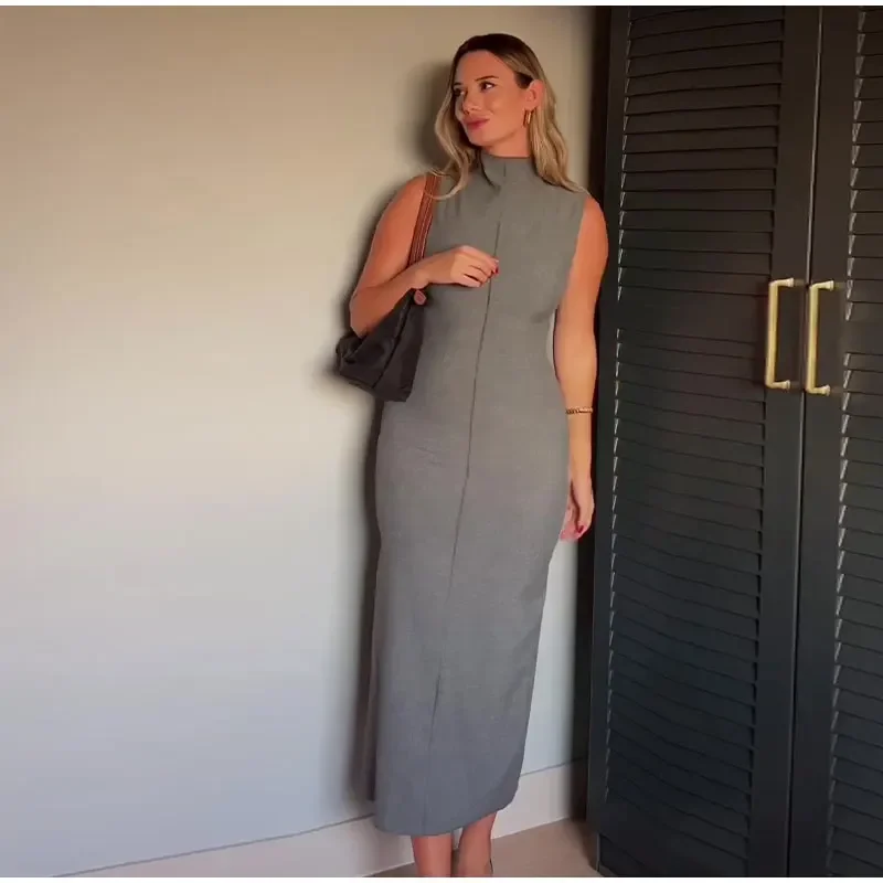 Vestido largo sin mangas con cuello alto y abertura en la espalda para mujer, recto, liso, ajustado, de cintura alta, con cremallera, otoño 2025