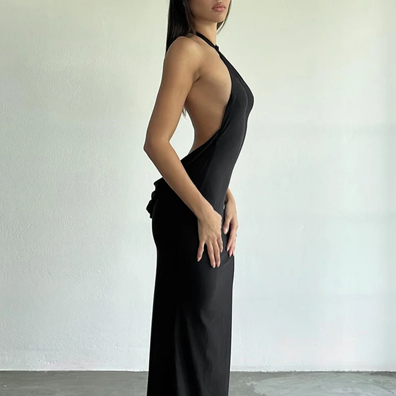 Vestido halter sexy para mujer, de verano, de color liso, sin mangas, con lazo, espalda descubierta, ajustado, estilo Y2K, para fiesta y club nocturno