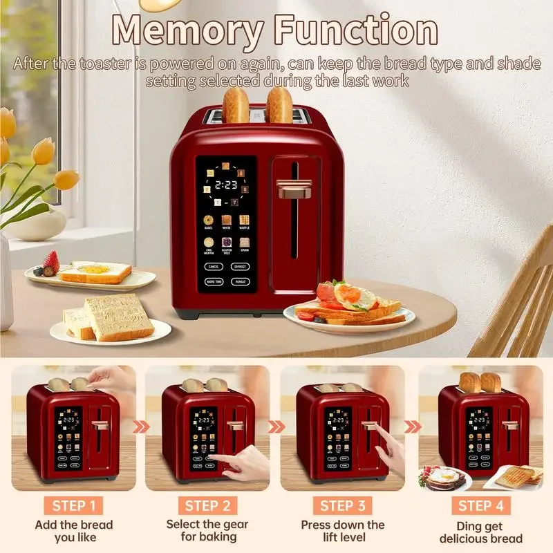 Stainless Toaster LCD Display&Touch Button,Toaster 2 Slice, 50% Faster Heating Speed, 1.4'' Wide , 4 Basic+More Timer Functions