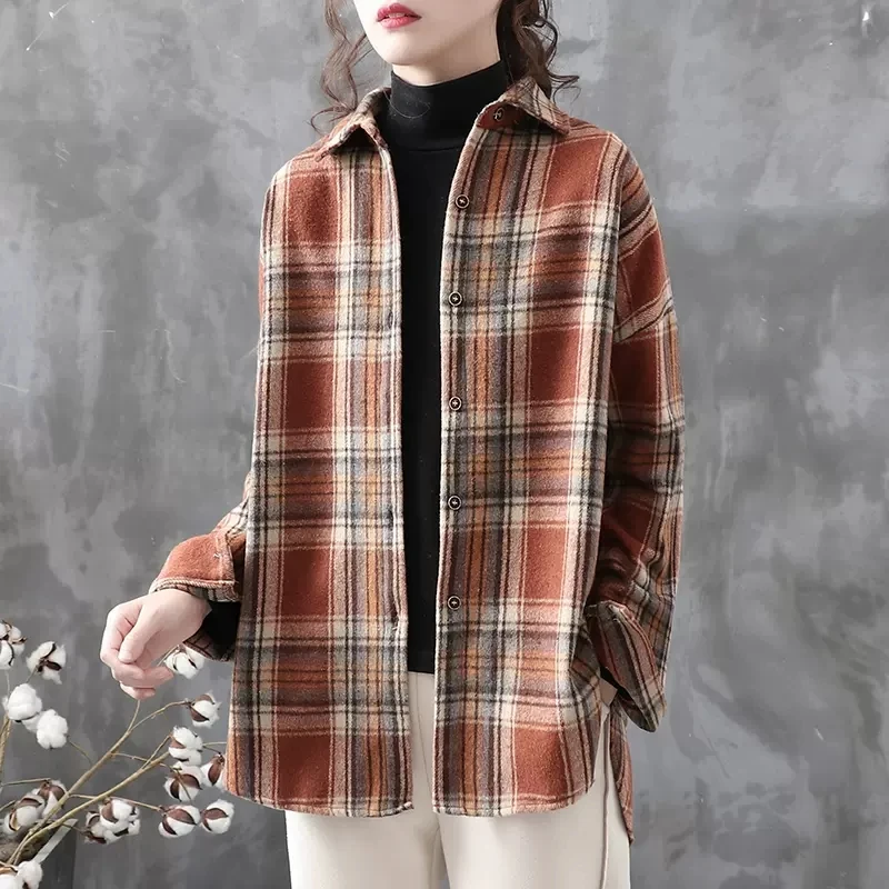 

SuperAen Женская 2023 новая весенняя и осенняя стильная повседневная Толстая шерстяная рубашка в стиле ретро клетчатое пальто