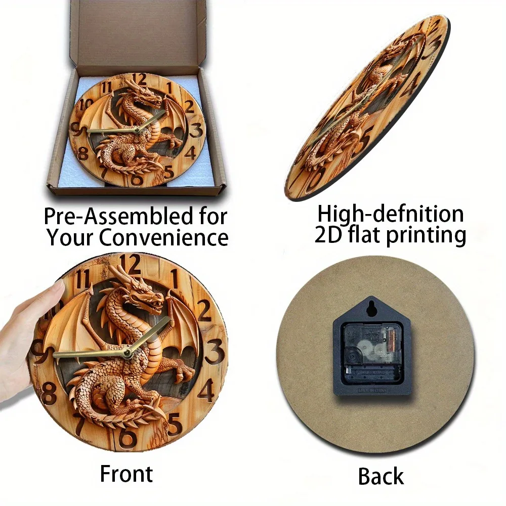 Wooden wall clock with a dragon carving, perfect for home or office decor. Requires AA batteries 3