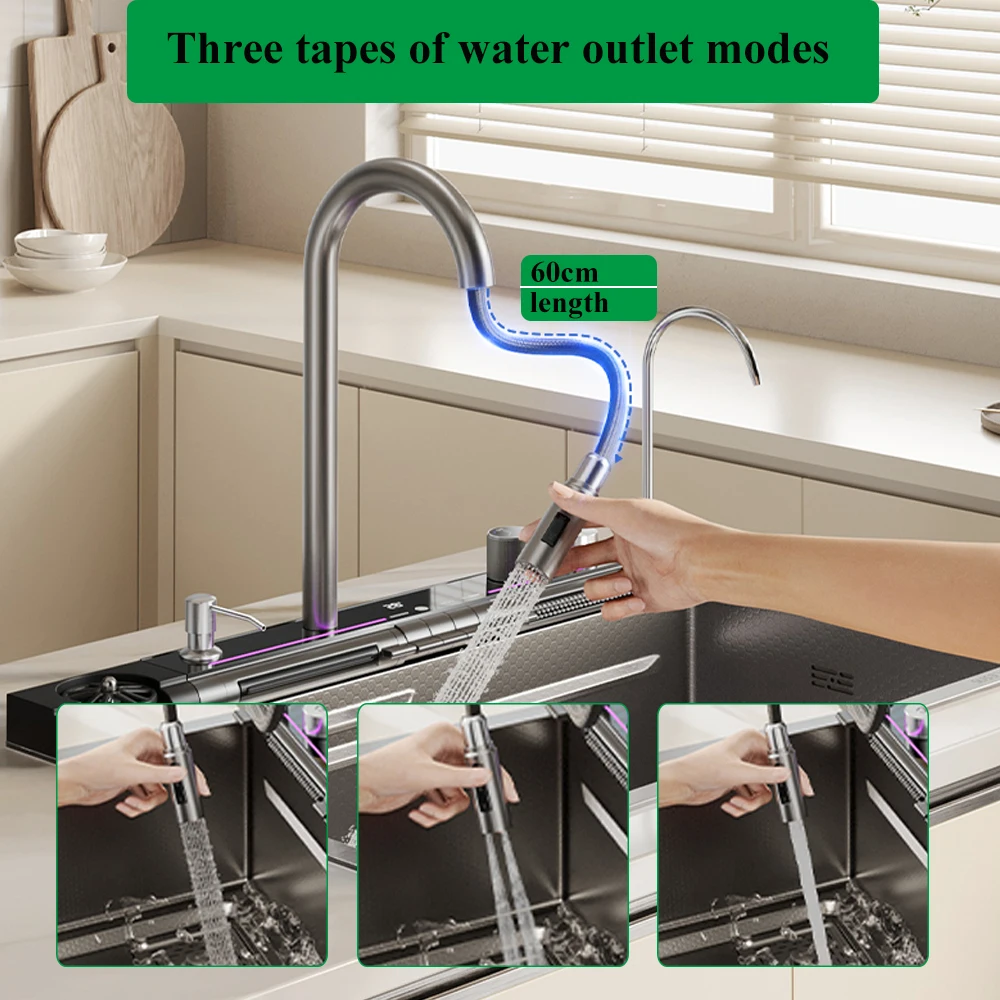 304 Stainless Steel Waterfall Kitchen Sink Large Single Slot Integrated Digital Display Faucet Set Soap Dispenser Cup Washer 4