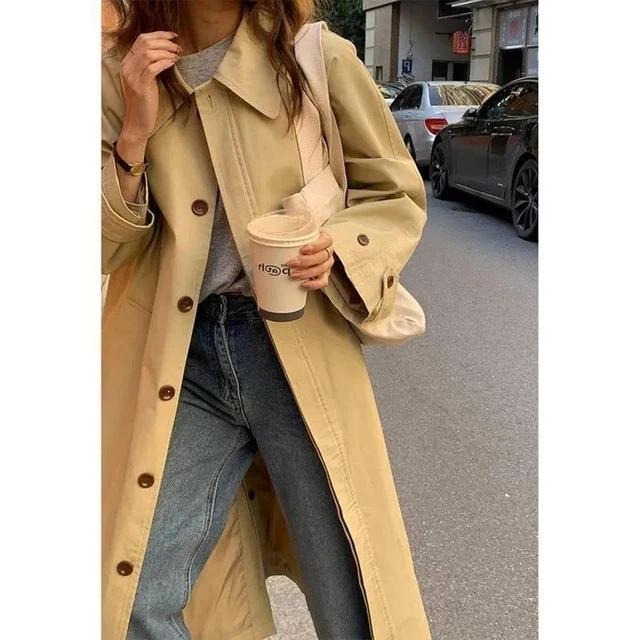 Autumn Winter Women's Fashion Trench Coat New 2024 Single row buckle Female Windbreaker Coats Mid length Khaki Versatile Outwear 2