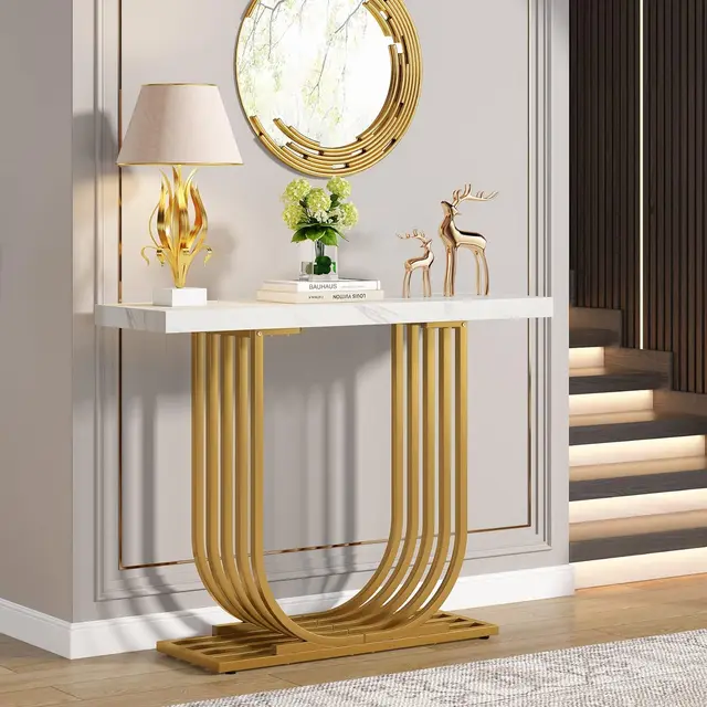 Console Table with Gold Base, 39.4 In Faux Marble Entryway Foyer Table, 1