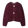 TRAF Knitted Sweater Cardigan For Women Autumn Long Sleeve Cropped Cardigans Ladies Outerwears Winter Button Knit Sweater - Burgundy