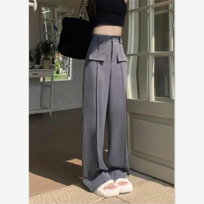 2024 New Spring/Summer Korean Loose Casual Straight Tube Pants High Waist Solid Color Commute Spliced Button Women's Trousers