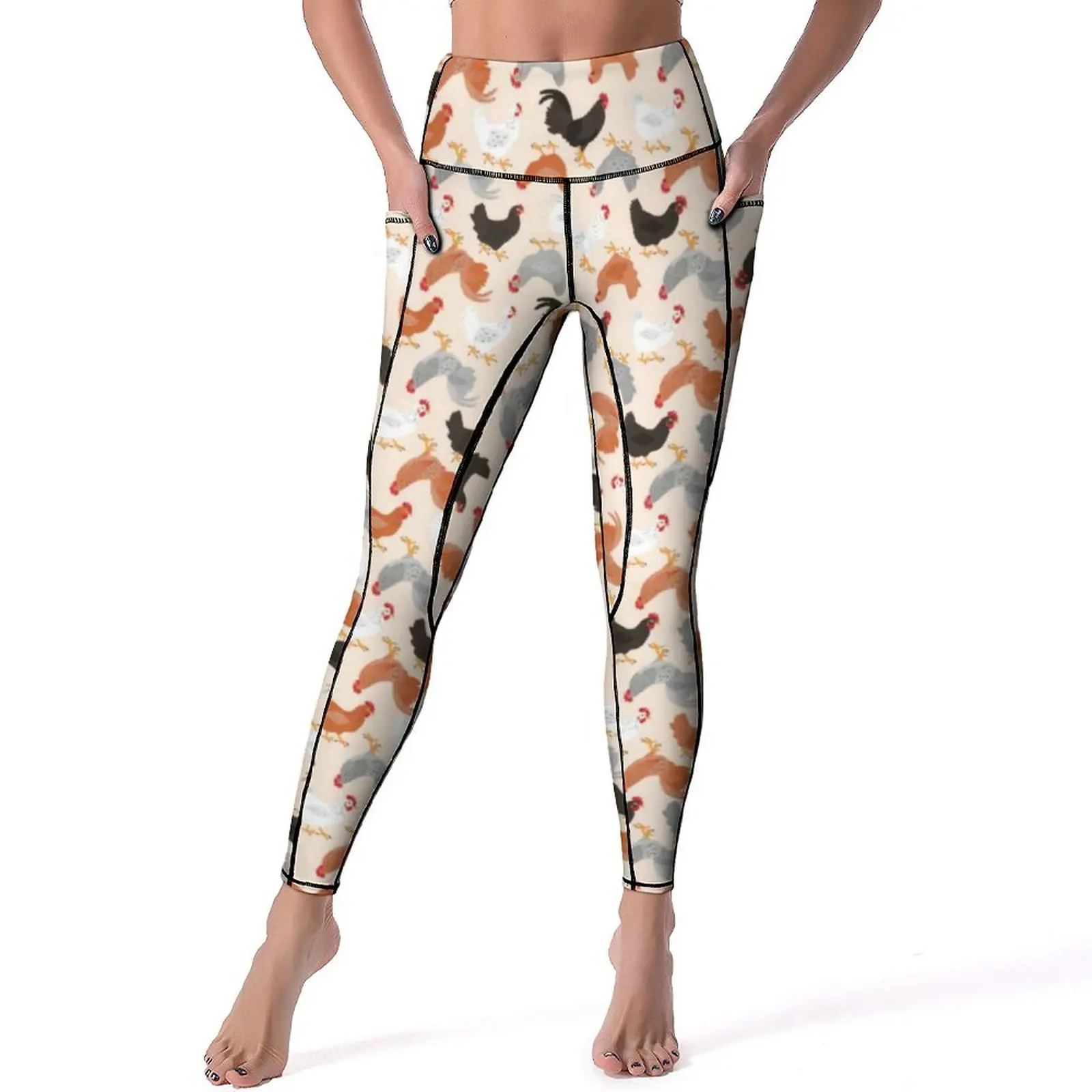 

Farm Animal Print Leggings Sexy Cute Chickens Workout Gym Yoga Pants Push Up Quick-Dry Sports Tights With Pockets
