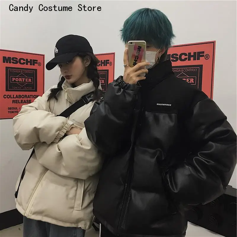 Streetwear Coat Warm Patchwork Parkas Men Winter Korean Style Retro All-Match Stand Collar Pu Leather Thick Couple Fashion