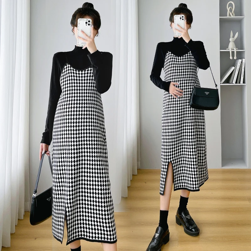 

Осенне-зимнее модное трикотажное платье в клетку для беременных черные комплекты рубашек элегантная трапециевидная Одежда для беременных женщин