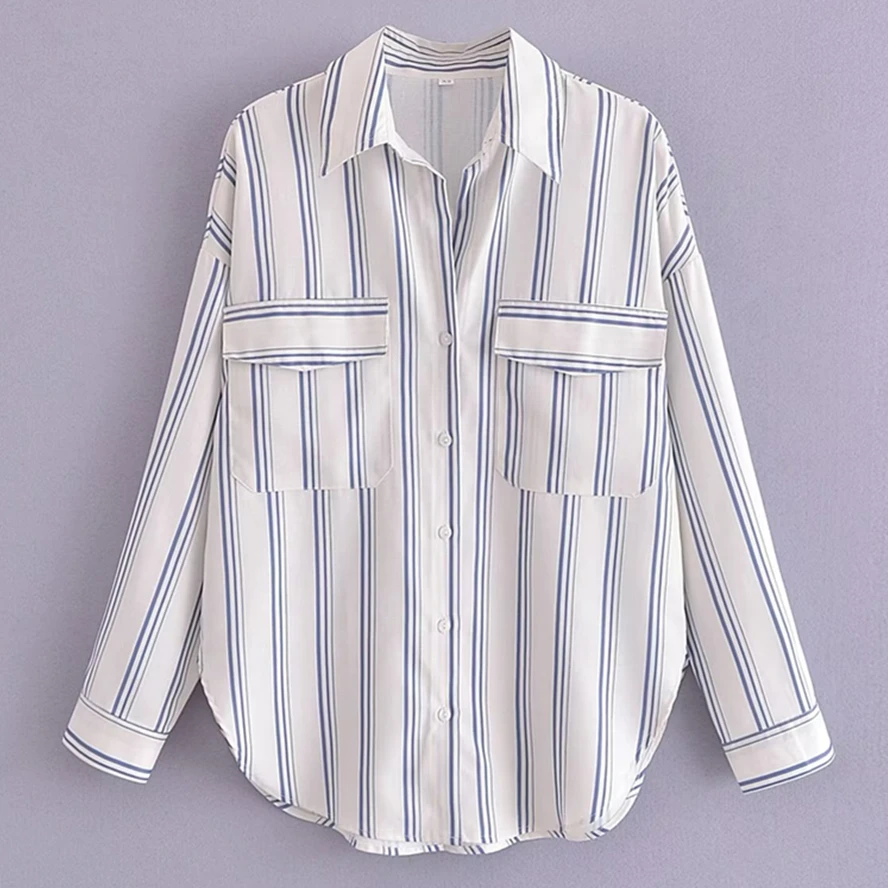 

Withered French Country Style Autumn Fragrant Linen Loose Shirt Pocket Ladies Striped Top Fashion Shirt Women