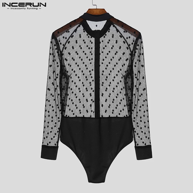 American Style Sexy Rompers Mens Stylish Homewear Jumpsuits Spliced Polka Dot See-through Mesh Thin Bodysuits S-3XL