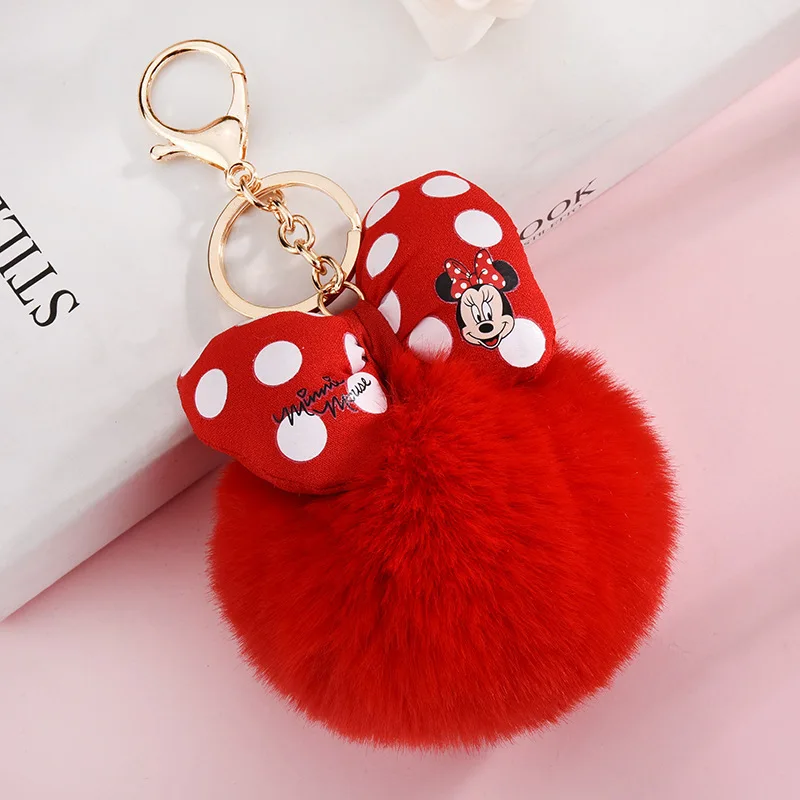 

Disney Mickey Mouse Cute Keychain Bag Hanging Accessor Action Toy Minnie Hairball Keyring Anime Bow Pendant Key Chain Kids Gift