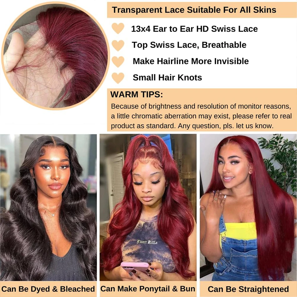 99j Burgundy Lace Front Human Hair Wig 13x4 Pre Plucked Transparent Lace Colored Body Wave 13x6 Hd Lace Frontal Wigs For Women 4