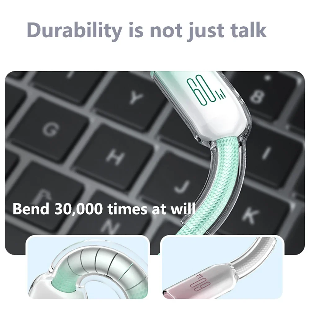 60W USB C Fast Charge Cable For iPhone 17 16 15 Samsung S25 S24 iPad MacBook Air Xiaomi 1M 2M Braided Data Sync Quick Charge