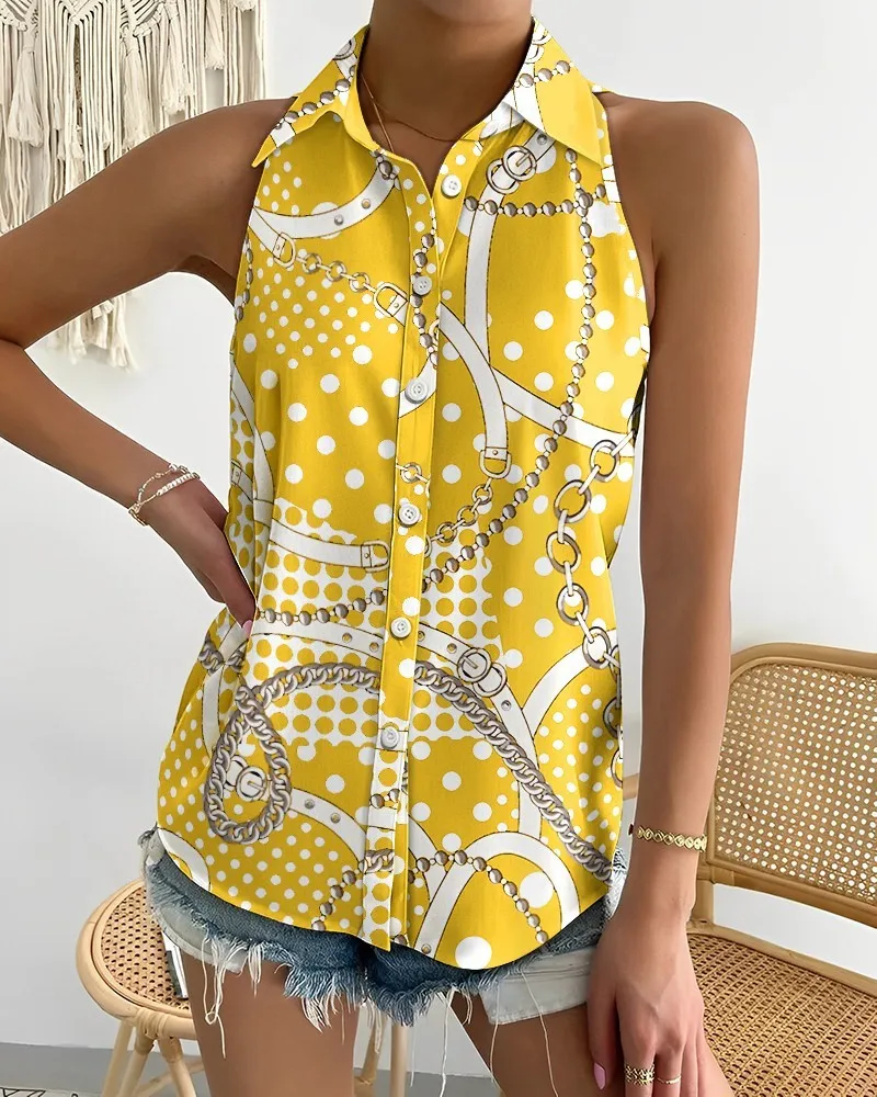 Women Sleeveless Halter Neck Button Down Blouse With Vibrant Swirl Abstract Print Perfect For Summer Beach Vacations Casual Outi