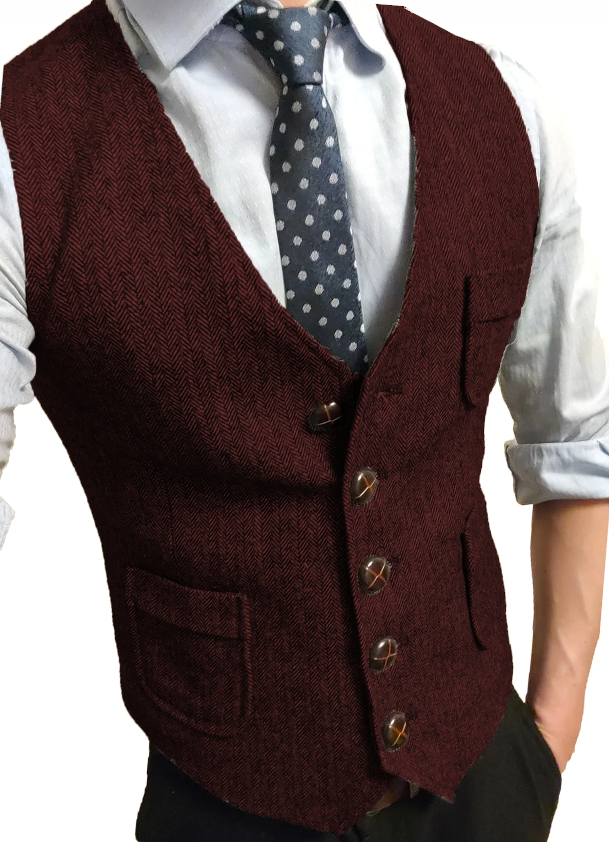 Gilet à chevrons en tweed à col en V pour hommes, gilet formel en émail trempé, robe d'affaires, gilets trempés pour mariage