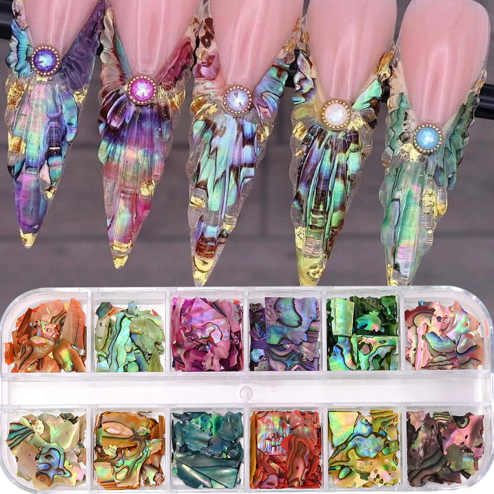 12Grids Nail Art Aurora Abalone Shell Flakes 3D Irregular Sea Shell Slices Nail Charms 1pcs Holographic Shell Sequins Nail Parts 3