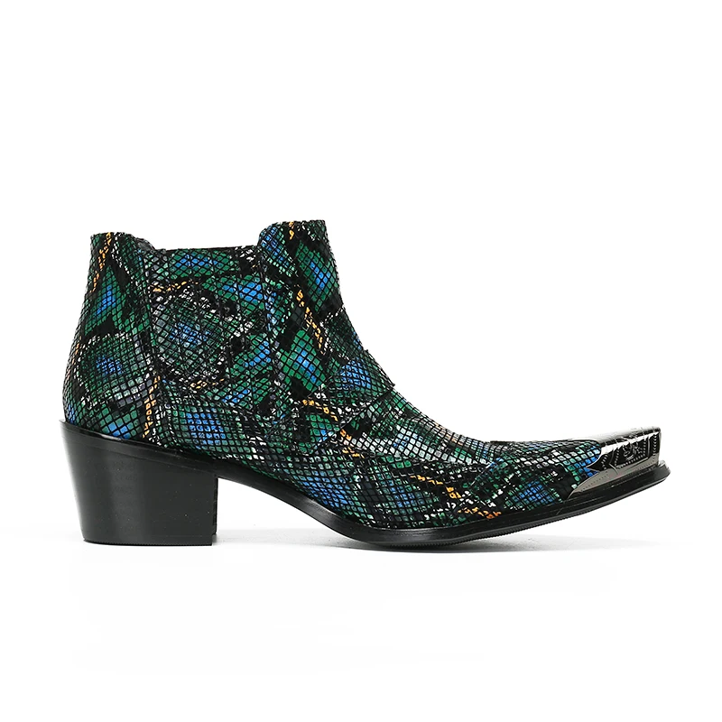 Winter Fashion Men Party Ankle Boots Snakeskin Printing Mens Leather Boots Buckle Strap Male High Heel Short Boots