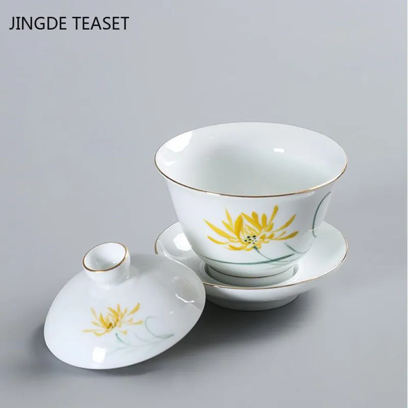 Chinese Retro Hand Painted Ceramic Gaiwan Teacup handmade Tea tureen Porcelain Teaware Accessories Drinkware Personal Cup
