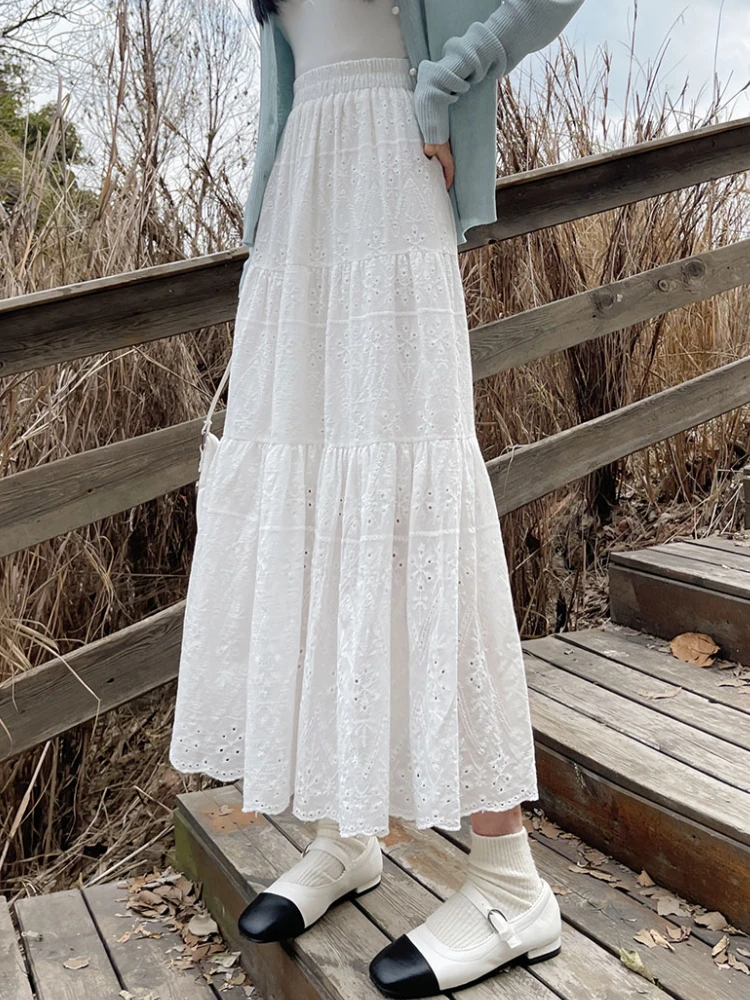 Midi Long Skirts Women Spring Summer Hollow Out Embroidery