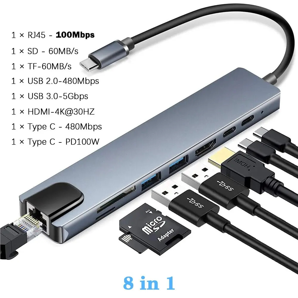 محول USB C متعدد الوظائف 8 في 1، 5 في 1، 11 في 1 من النوع C 3.1 إلى HDMI 4K مع منفذ RJ45 وقارئ بطاقات SD/TF وشحن سريع PD لأجهزة ماك بوك والكمبيوتر المحمول