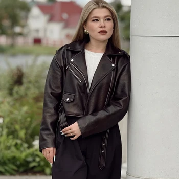 HXAO فو سترة جلدية ملابس خارجية ديمي الموسم البني اقتصاص معطف طويل الأكمام المرأة موتو السائق جاكيت زيبرا معاطف قصيرة 2