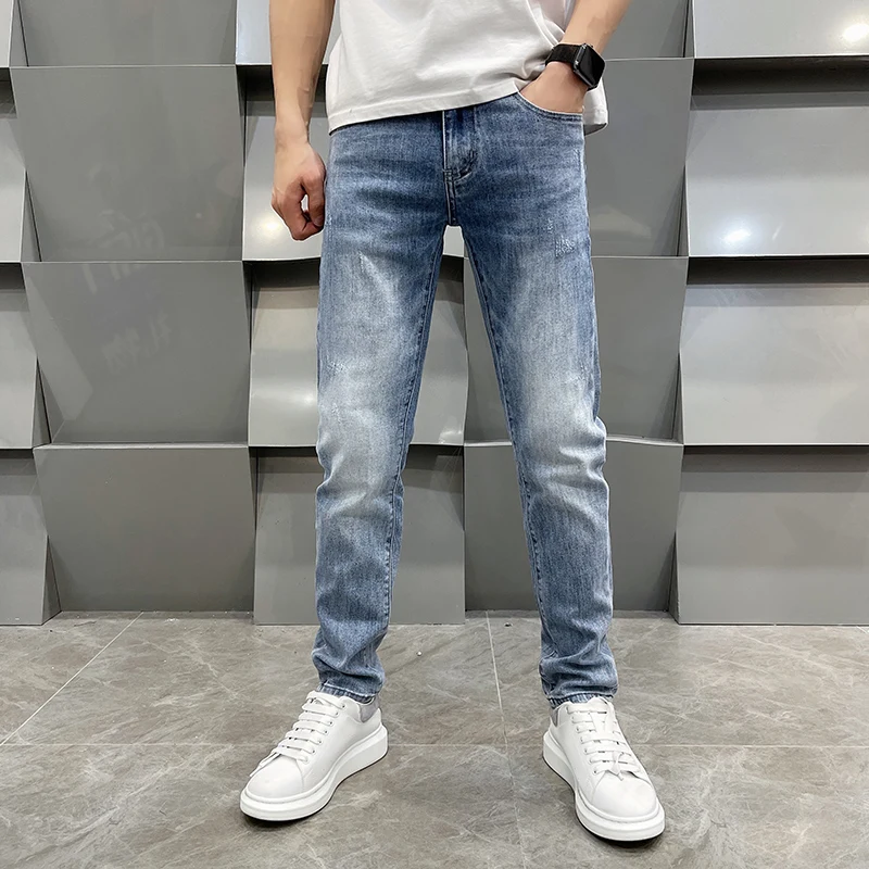 2024New Fashion Jeans Men's Thin Summer High-End Simple Fashion Business Men's Stretch Slim Blue Long Pants