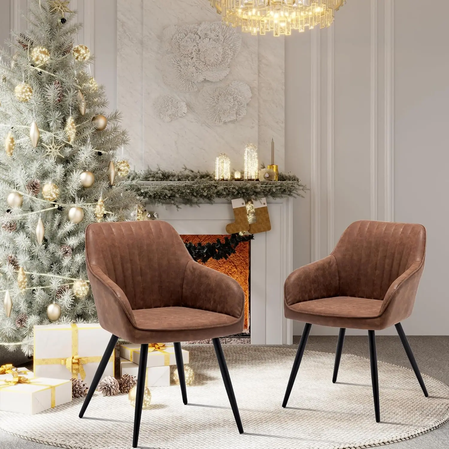 Faux Leather Accent Arm Chairs for Living Room / Upholstered Chair with Metal Legs Set of 2 for Home Kitchen