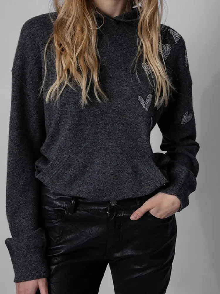 

2022 New Solid Color Rhinestones Heart Hot Drill Hooded Women Cashmere Sweater Women