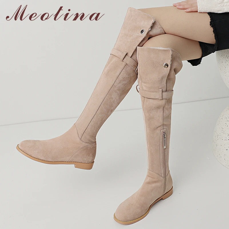 

Meotina Women Genuine Leather Thigh High Boots Round Toe Flat Zipper Buckle Ladies Over-the-Knee Long Boot Autumn Winter Shoes
