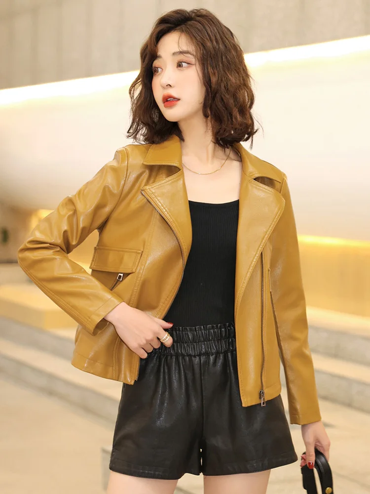New Women Casual Leather Jacket Spring Autumn Fashion Suit Collar Sheepskin Short Coat Split Leather Loose Small Outerwear