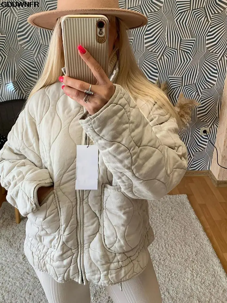 ZA Women's Cotton Coat 2023 Winter Fashion Pocket Drawstring Warm Vintage Long Sleeve Zipper Female Outerwear Tops Jacket 6
