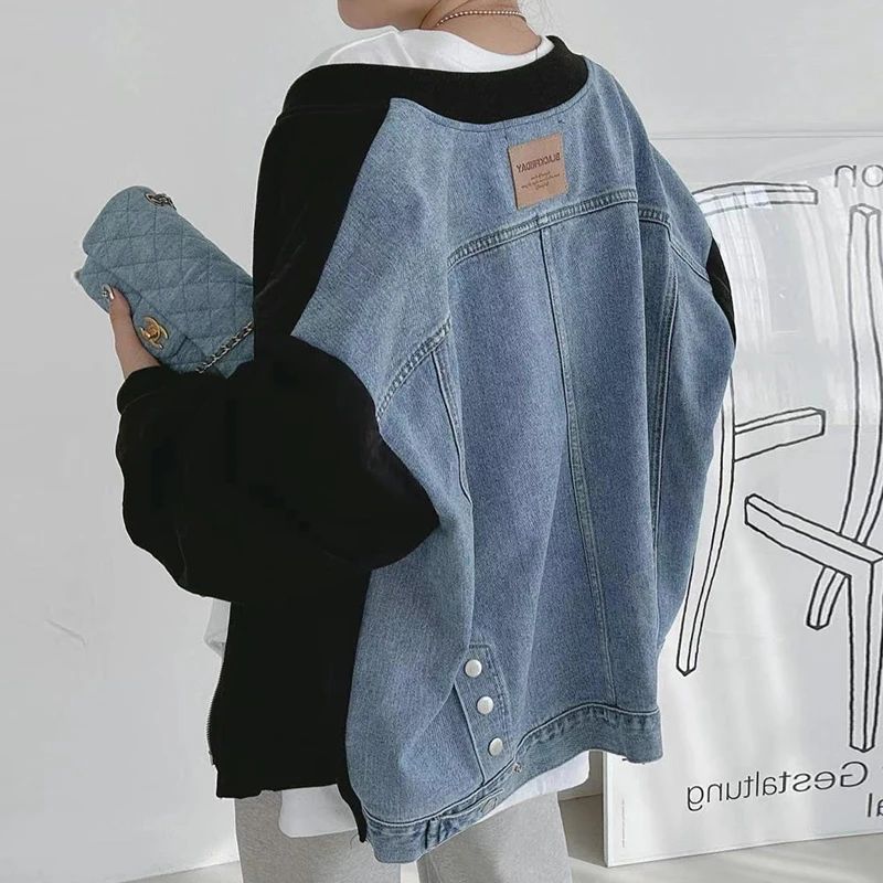 

VANOVICH Korean Style Autumn and Winter New O-neck Zipper-type Contrast Color Patchwork Denim Design Loose Long-sleeved Coats
