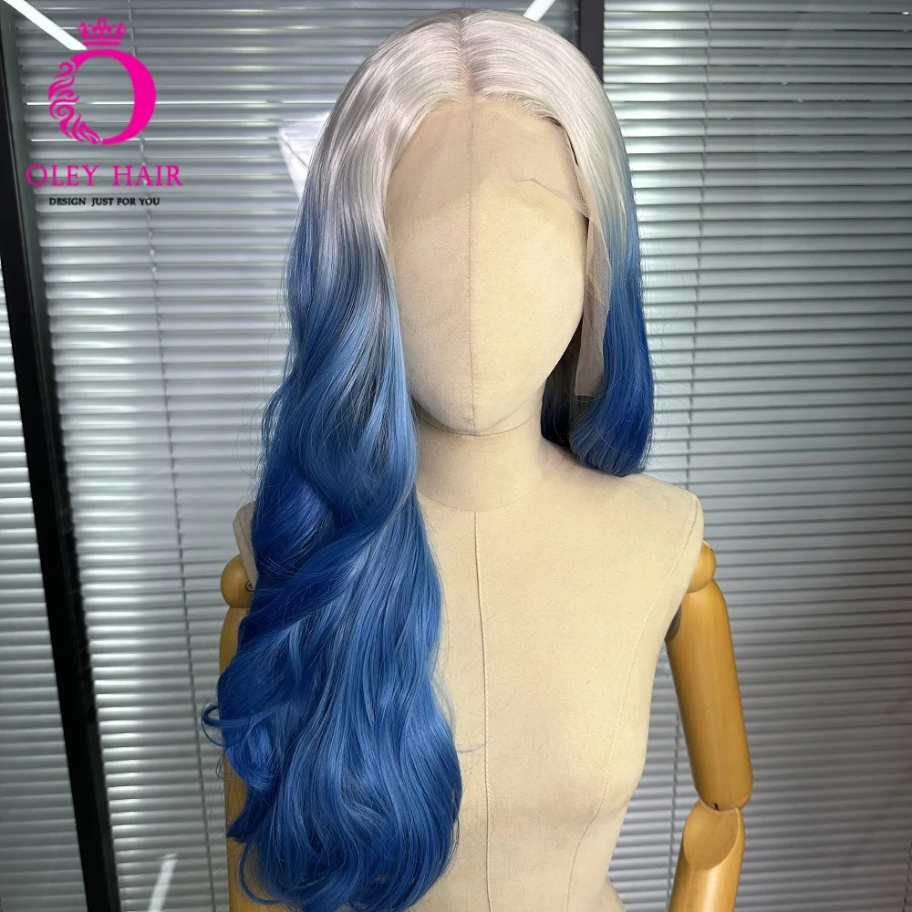 

30Inch Roots Grey Blue Synthetic 13x3x1 L Part Lace Wig Body Wave Drag Queen Glueless Heat Resistant Cosplay Wigs For Women 180%