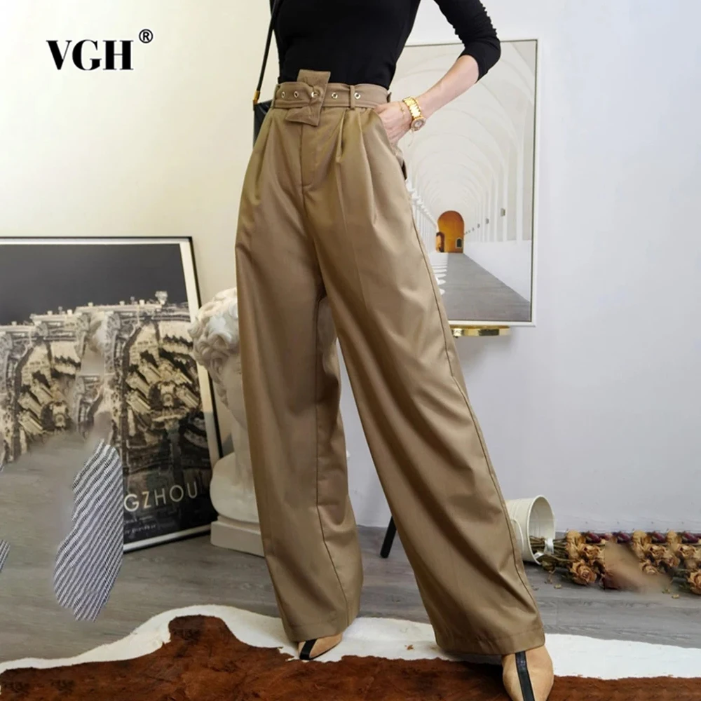 

VGH Casual Patchwork Pockets Solid Trousers For Women High Waist Spliced Belt Minimalist Loose Wide Leg Pants Female Fahsion New