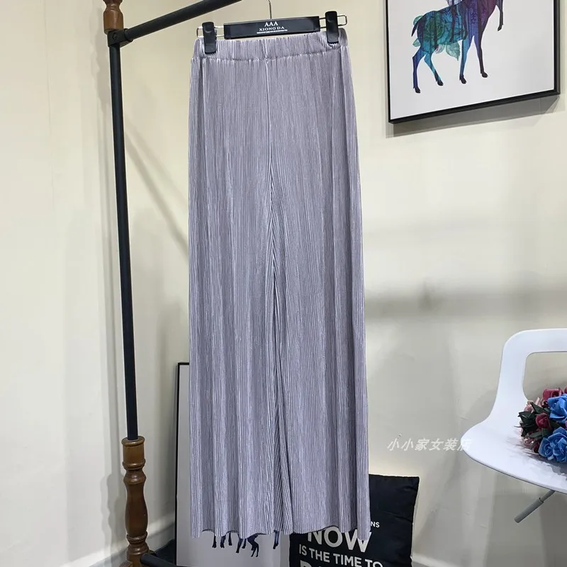 Summer Thin Chiffon Wide Leg Pants For Women Casual Candy Color Loose Long Pants Lady Solid Color Straight Pleated Trousers