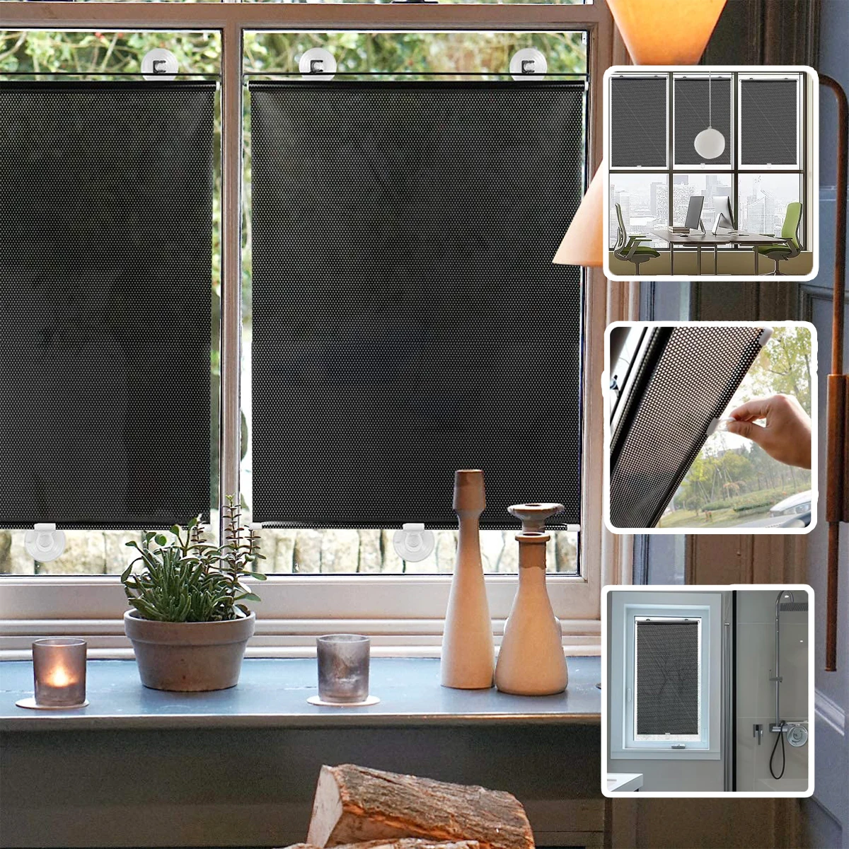Blackout Roller Blinds Home Windows Sunshade Nail-Free Curtain for Car Bedroom Kitchen Office