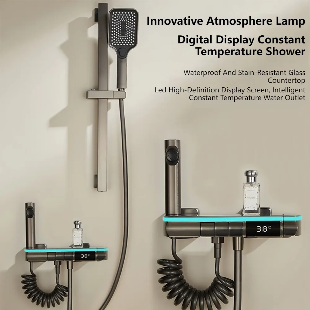 Modern White Grey Shower System Set Bathroom Rain Pressurized Shower Faucet Set Brass Led Digital Bathtub Shower Faucet Full Set 2