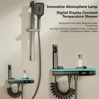 Modern White Grey Shower System Set Bathroom Rain Pressurized Shower Faucet Set Brass Led Digital Bathtub Shower Faucet Full Set 2