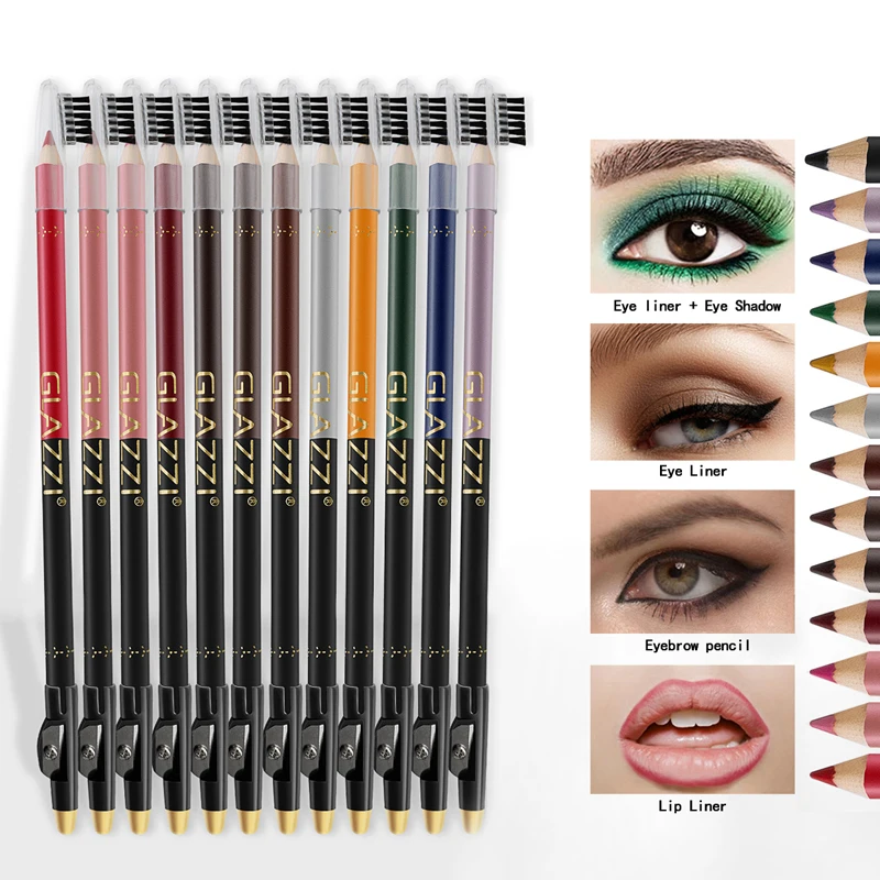 

Wooden 12 Colors Multi-functional Lipliner Eyeliner Eyeshadow Pencil Waterproof Highlighter With Brush Makeup Set TSLM1