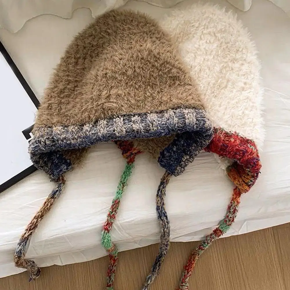 Hot Knitted Hooded Caps Beanies Cap Cold Proof Warm Knit Cap Drawstring Bag-Hat Girls Knitted Pullover Beanie Hats Balaclava Hat 4