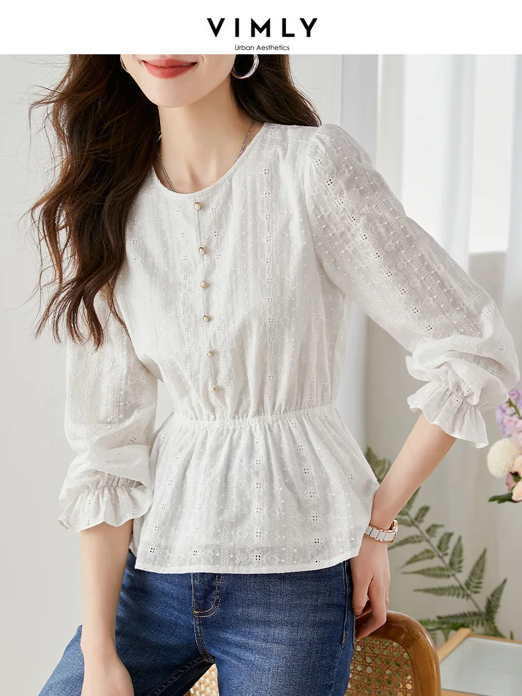 

Vimly Elegant Cotton 100% White Shirt for Women 2023 Spring Elastic Waist Long Flare Sleeves Round Neck Pullover Women's Blouse