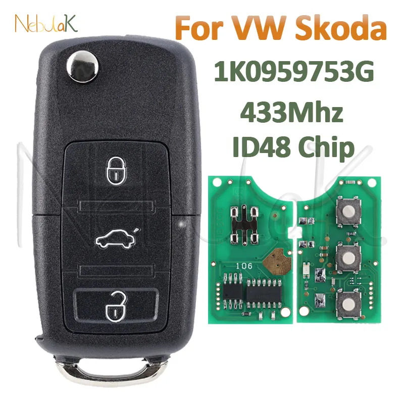 1K 0959753 G รถ Remote Flip Key สําหรับ VW SIROCCO VOLKSWAGEN แคดดี้ SKODA EOS GOLF JETTA TIGUAN TOURAN HU66 48 ชิปพับ Fob