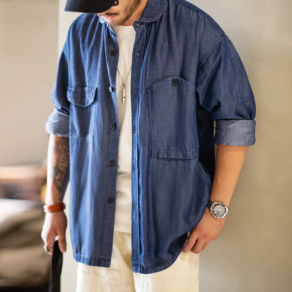 Maden Vintage Tencel Denim Shirt for Men's Spring Lightweight CPO Long Sleeve Shirt Lyocell Casual Thin Blue Lapel Collar Blouse Denim Shirt