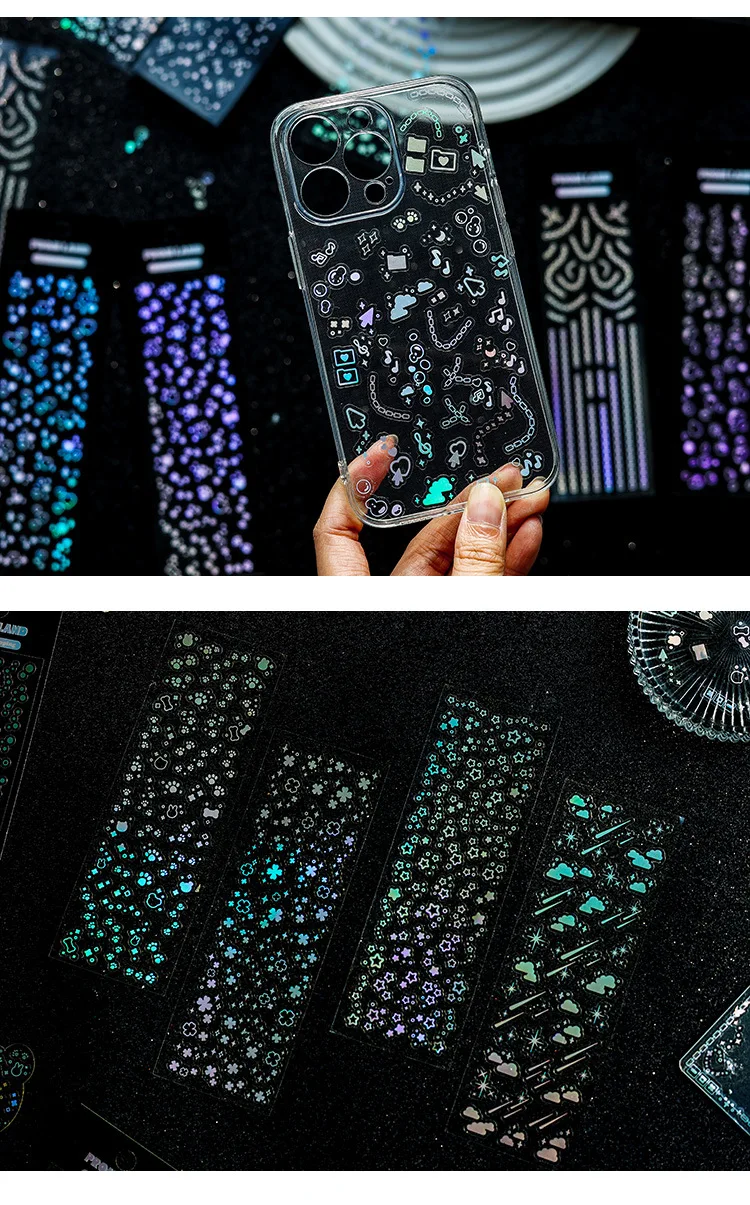 12-teiliges Laser-Aufkleberpaket mit langem Streifen, holografisches Blitzmuster, für Tagebuch, Scrapbooking, DIY-Album, Dekor, wasserdicht und langlebig – Detail 10