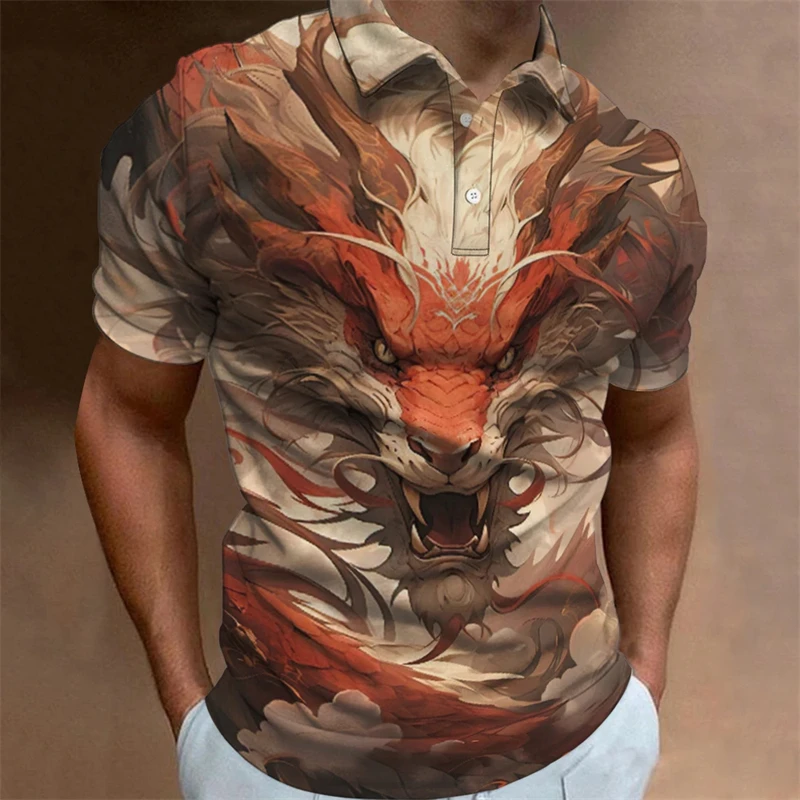 2024 Animal Polo T-Shirts For Men 3d Chinese Loong Printed Men's Clothing Oversized Shirts Summer Casual Short Sleeved Tops Tees