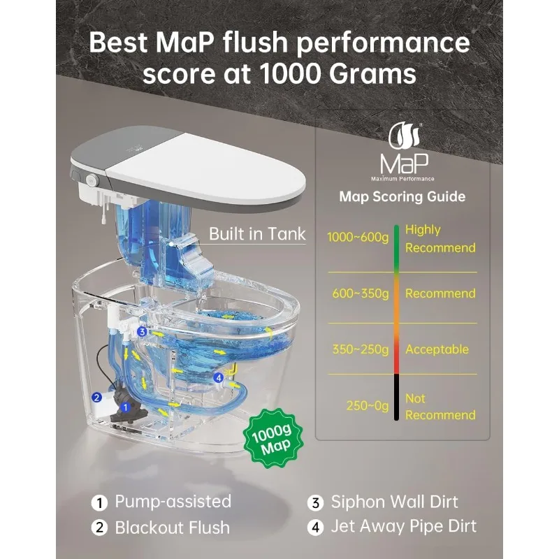 Smart Bidet Toilet with Auto Open Close,1000 Gram MaP Flush Score,Foam Dispenser, ADA Comfort Height, Blackout Flush,Auto Flush 5