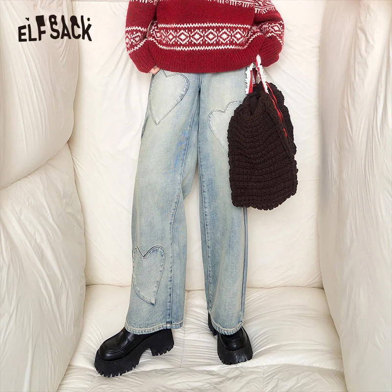 

ELFSACK Heart Straight Wide Jeans Women 2023 Winter New Plus Size Korean Fashion Trousers