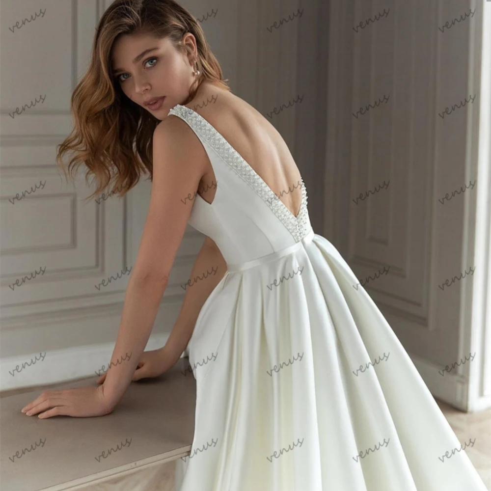 Graceful Wedding Dresses A-Line Satin Bridal Gowns Sexy Sleeveless Backless Robes For Formal Party Vestido De Novia Customized 2